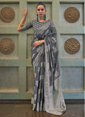 Lycra Fabric Ready Pleated Grey Saree