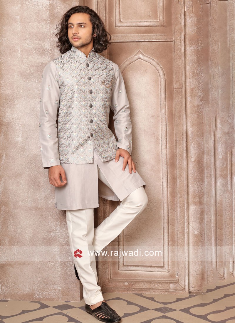 Pink Rawsilk Nehru Jacket With Threadwork Embroidery And Pearl Highlights |  Wedding dresses men indian, Wedding outfit men, Wedding dress men