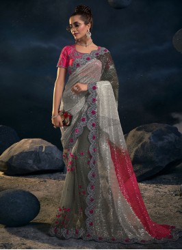 Grey and Pink Sequins Designer Wear Saree