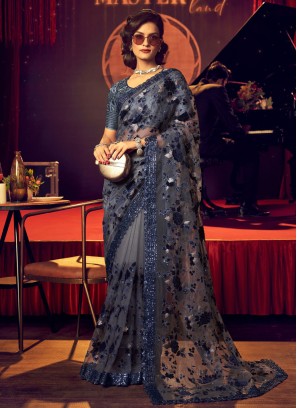 Dark Grey Chiffon Silk Saree with Designer Blouse