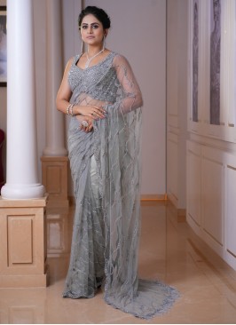 Grey Party Wear Embroidered Net Saree