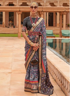 Gorgeous Grey Patola Silk Foil Print Saree