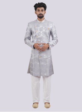 Grey Readymade Indowestern In Silk Fabric