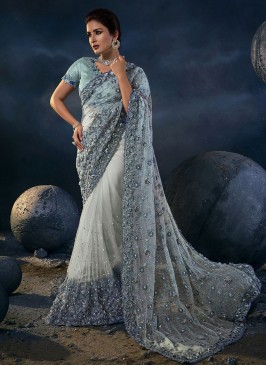 Grey Shaded Sequins Net Designer Saree
