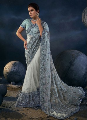 Grey Shaded Sequins Net Designer Saree