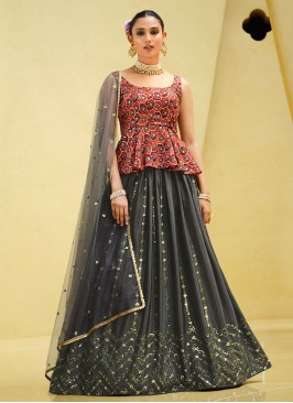 Grey Sequins Embellished Lehenga with Peplum Choli