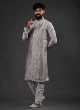 Grey Silk Mirror Design Kurta Pajama