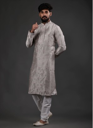 Grey Silk Mirror Design Kurta Pajama