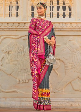 Grey and Pink Patola Printed Designer Silk Saree