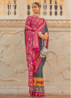 Grey and Pink Patola Printed Designer Silk Saree