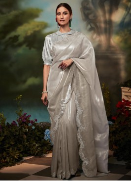 Grey Organza Trendy Saree For Women