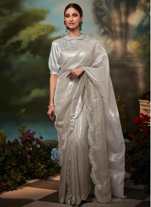 Grey Organza Trendy Saree For Women