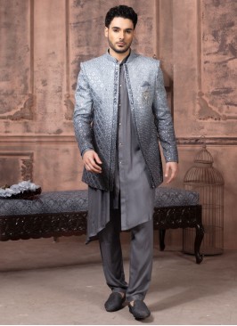 Grey Thread Embroidered Indowestern Set In Cotton Silk