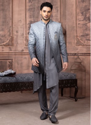 Grey Thread Embroidered Indowestern Set In Cotton Silk