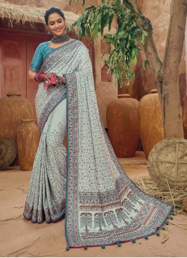 Lovely Grey Kachhi Embroidered Banarasi Silk Saree