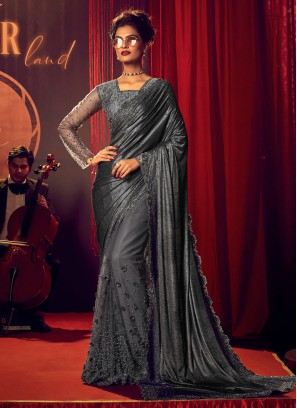 Grey Pearl Embroidered Wedding Classic Saree