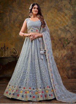 Slate Grey Wedding Soft Net A Line Lehenga Choli