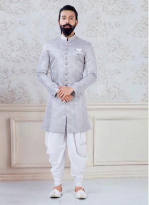 Grey Woven Dhoti Style Indowestern