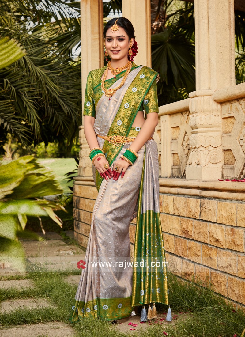 Grey Weaving Rama Color Order Kanchipuram Silk Saree, Grey Saree