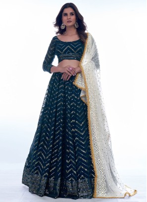 Teal Blue Sequins A Line Lehenga Choli