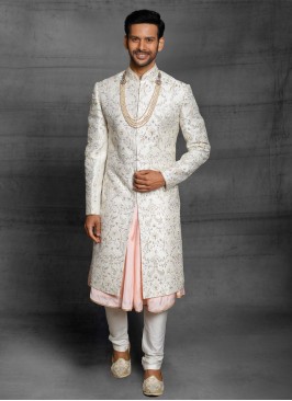 Groom Anarkali Sherwani In White Color