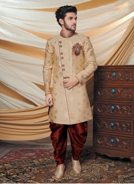 Groom Brocade Silk Golden And Maroon Indowestern