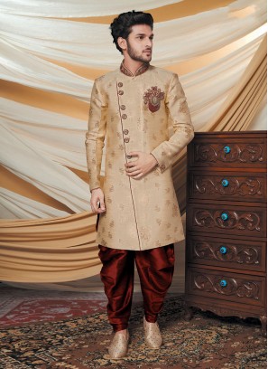 Groom Brocade Silk Golden And Maroon Indowestern