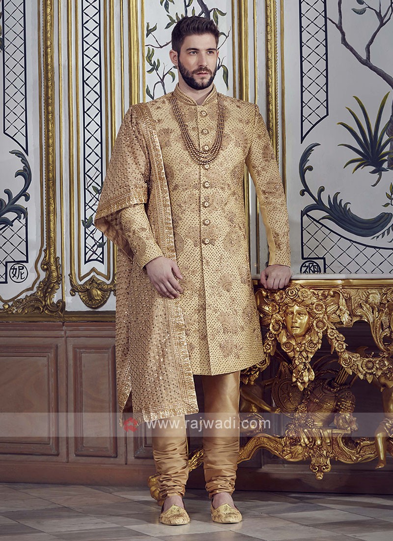 Groom Brocade Silk Golden Sherwani