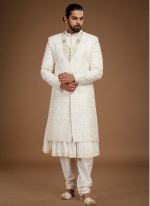 Groom Embroidered Anarkali Style Sherwani In Cream Color