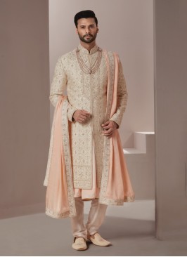 Groom Embroidered Sherwani In Cream Color