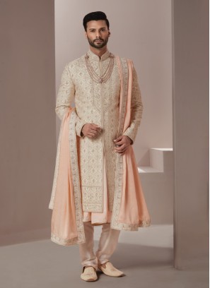 Groom Embroidered Sherwani In Cream Color