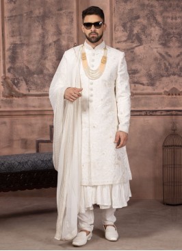 Groom Embroidered Sherwani In Off White Color