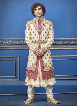 Cream and Pink Silk  Sherwani For Groom