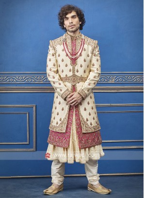 Cream and Pink Silk  Sherwani For Groom