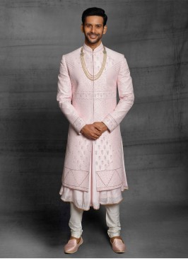 Groom Wear Anarkali Sherwani In Pink Color