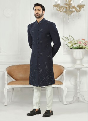 Groom Wear Beads Work Navy Blue Indowestern