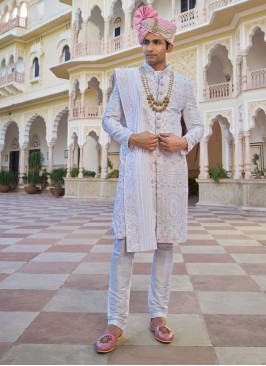 Groom Wear Off White Sherwani Set In Raw Silk