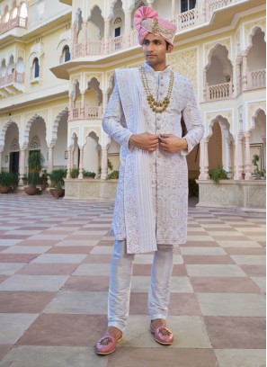 Groom Wear Off White Sherwani Set In Raw Silk