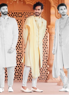 Lemon Yellow Groom's Wear Silk Sherwani