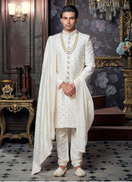 Groom Wear Sherwani In Off White Color