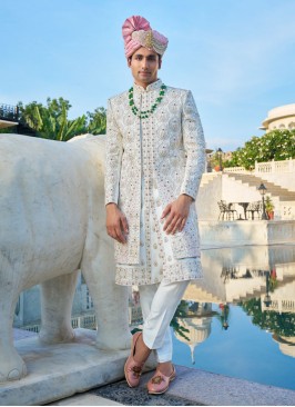 Pure White Silk Sherwani Suit for Groom
