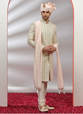 Groom Wear Silk Sherwani In Cream Color