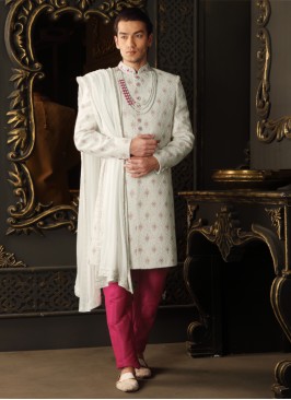 Groom White Embroidered Sherwani In Silk