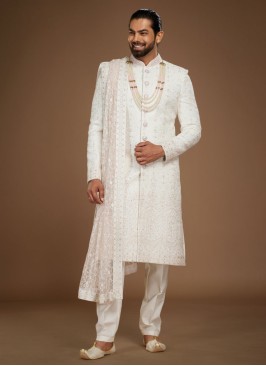 Groom White Embroidered Sherwani In Silk