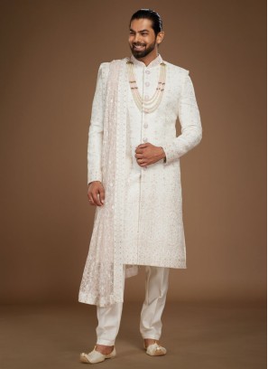 Groom White Embroidered Sherwani In Silk