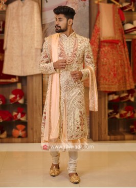 Grooms Cream Color Silk Sherwani