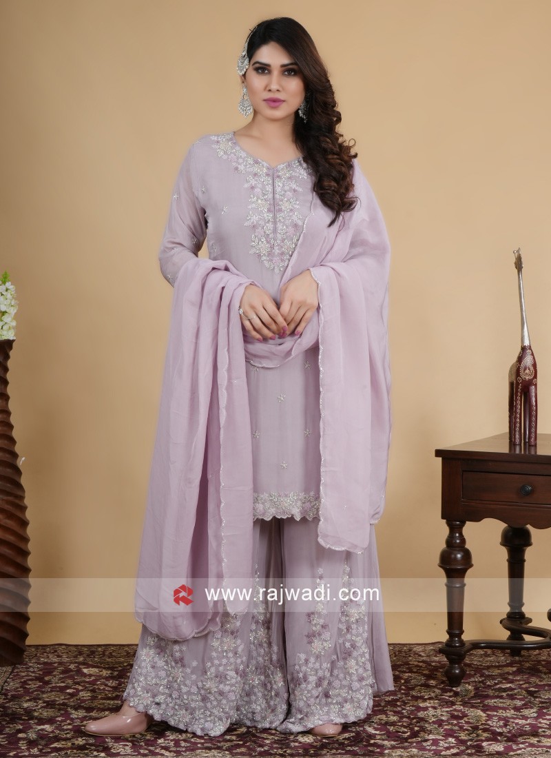 Hand Embroidered Palazzo Suit In Levender