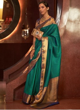 Blue and Green Handloom Silk Designer Saree