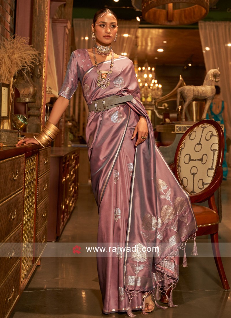 Purple printed satin saree with blouse - Brijraj - 2996688