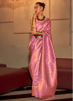 Gorgeous Pink Handloom Woven Silk Saree